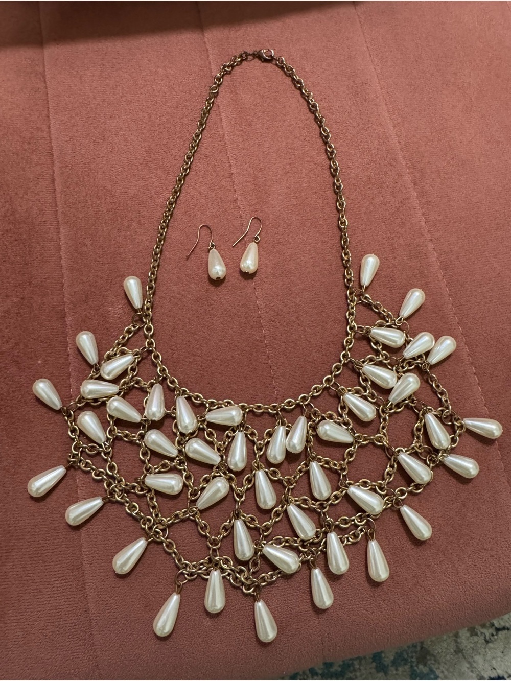 Gold Tone Statement Necklace Faux Pearl Teardrop Bib Set w/ Matching Earrings